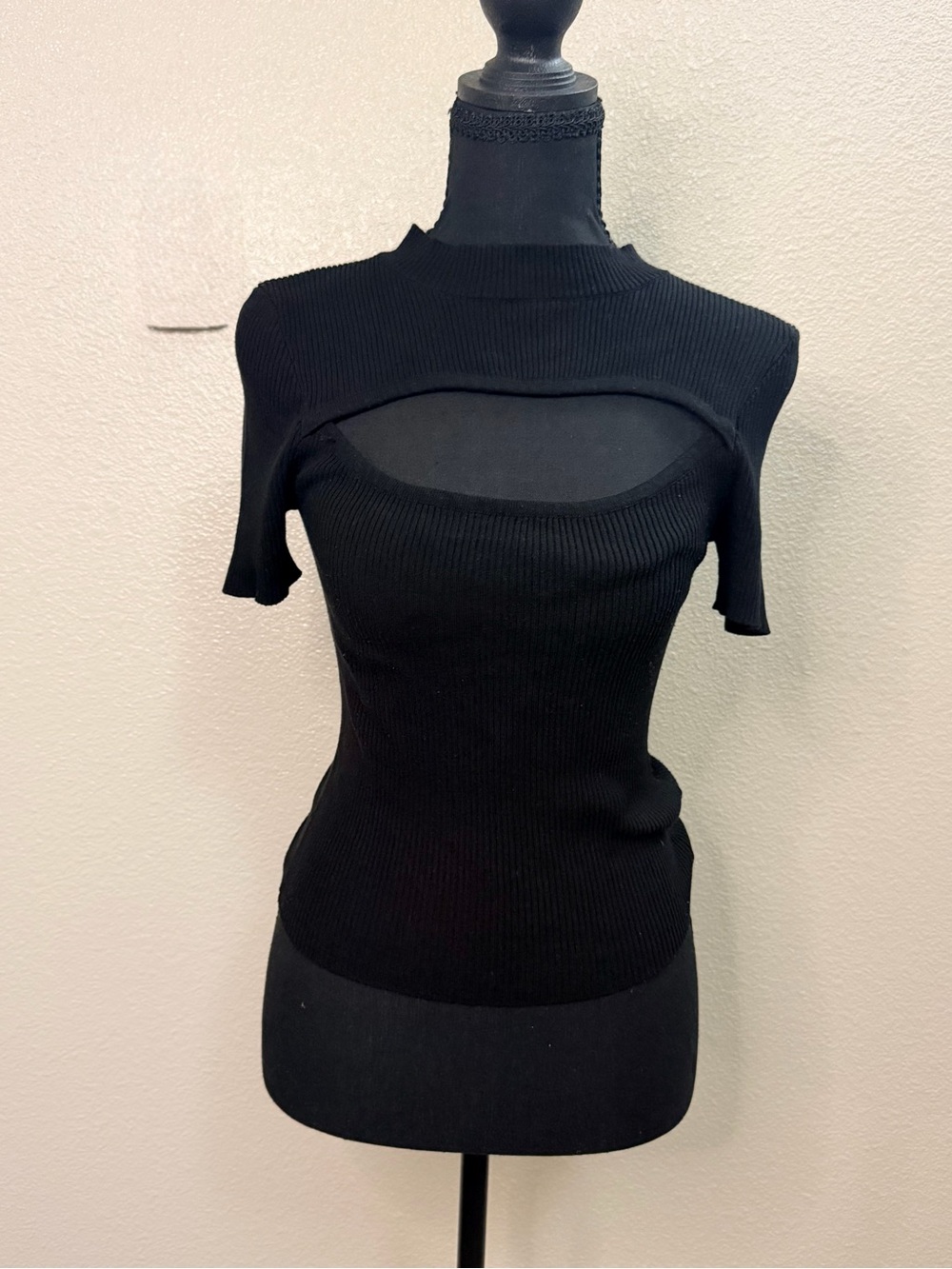 Forever 21 Black Ribbed Short Sleeve Top with Front Cutout